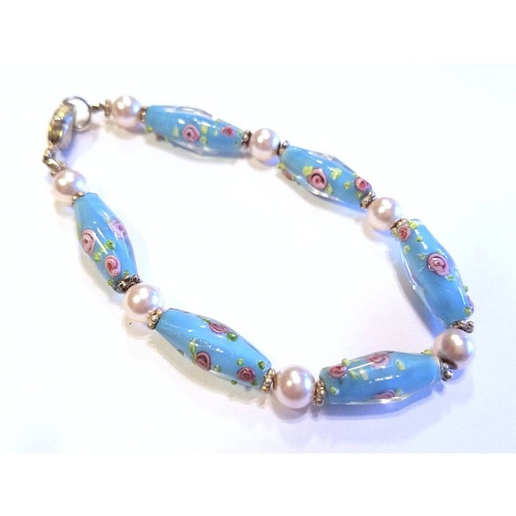 Blue Lampwork Bead Bracelet, Swarovski Pearls and Sterling Lobster Claw Clasp - Picture 1 of 3